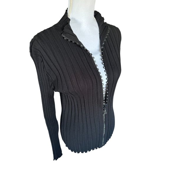 Belldini Sweater Cardigan Women Sz XL Black Full Zipper Rhinestones Stretch Knit - Picture 6 of 12